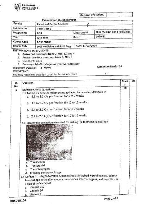 BDSDEN106 - Oral Medicine and Radiology Term Test 2 Question Paper ...