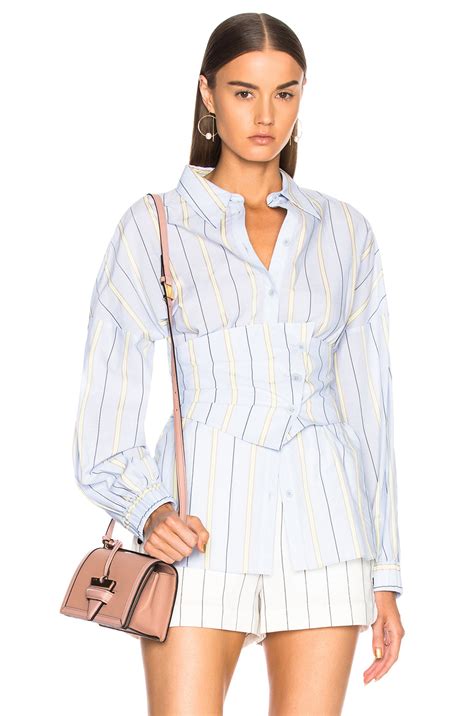 Tibi Corset Belted Top in Blue Stripe Multi | FWRD