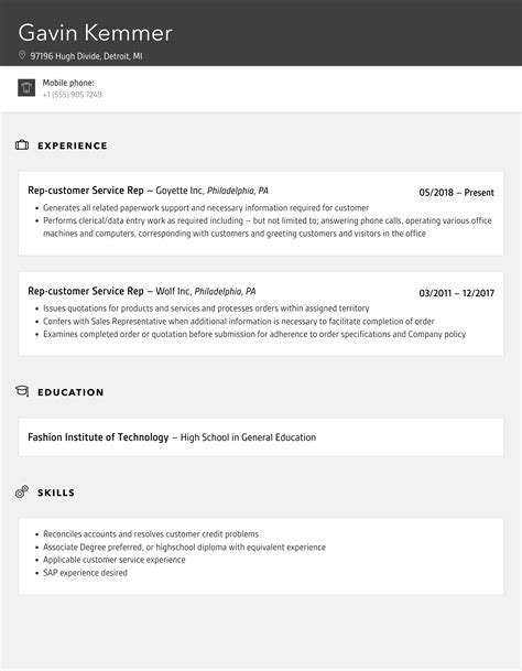 Customer Service Rep Resume Sample 的图像结果