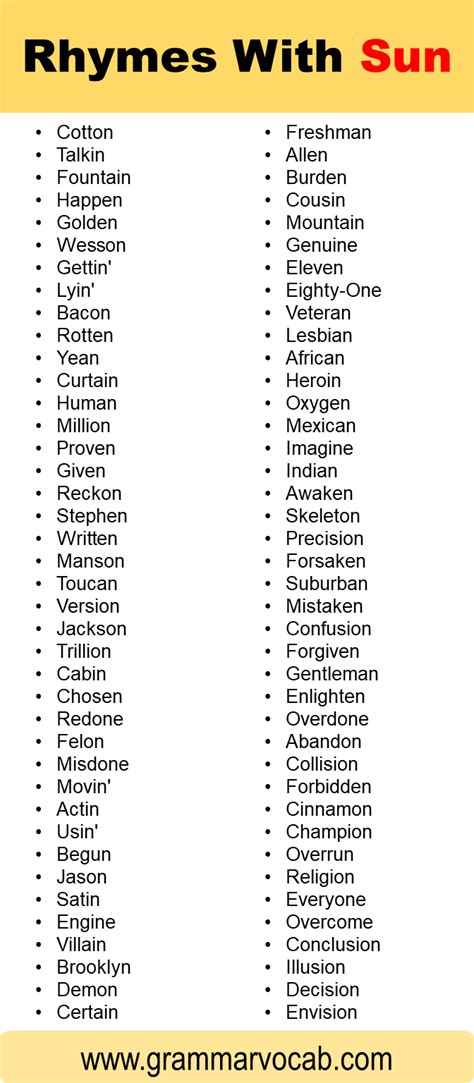 Words That Rhyme With Sun - GrammarVocab