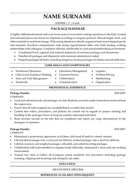 Professional Resume Examples for Package Handlers | ResumeGets.com