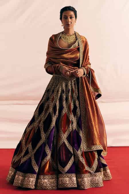 Buy Multi Color Silk Velvet Woven And Preet Block Bridal Lehenga Set ...