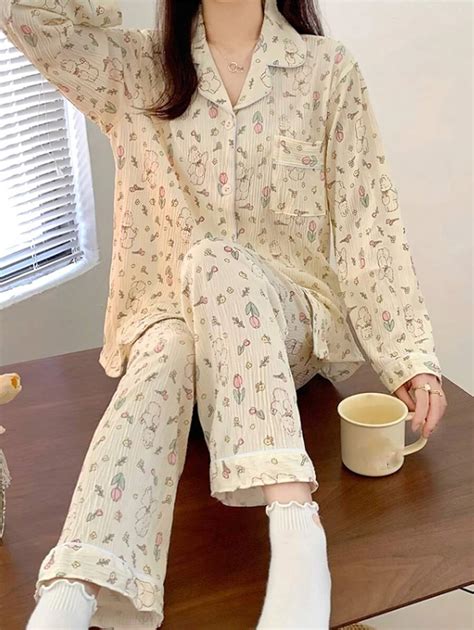 2pcs Women's Beige Cartoon Rabbit Long Sleeve Shirt & Pants Sleepwear ...
