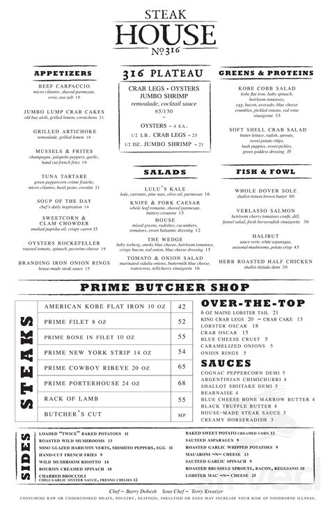 Steak House No. 316 menu in Aspen, Colorado, USA