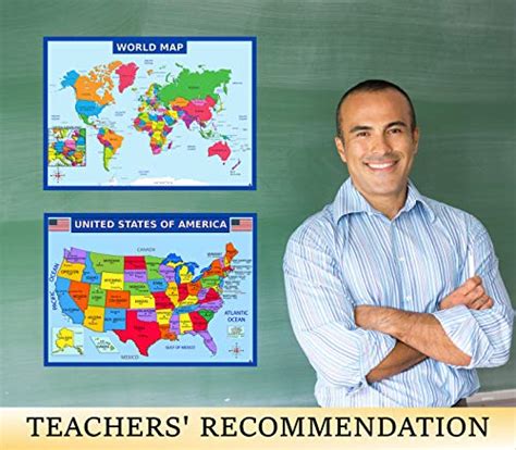 World Map Poster and United States USA Map Poster for Kids - Laminated ...