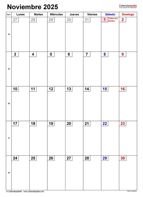 Calendario noviembre 2025 en PDF, Excel y Word | Calendarpedia