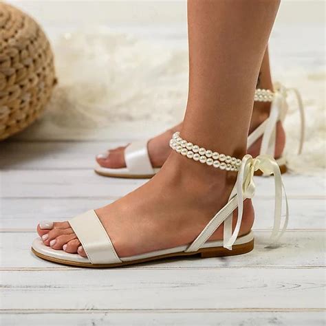 Women's White Flat Sandals – Pearl Ankle Strap with Ribbon Tie, Elegant ...