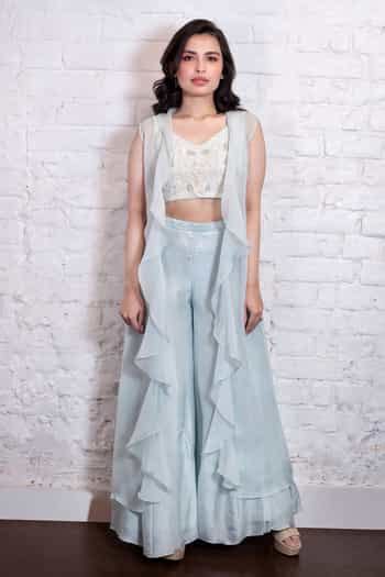 Buy Blue , Organza Embroidery, Ruffles, Sequins V-neck, Jacket Palazzo ...