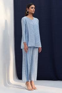 Buy Blue Polyester V Neck Metallic Top And Culottes Set For Women by ...