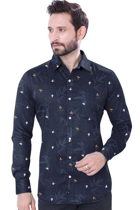 Navy Blue Printed Cotton Shirt – styleflea
