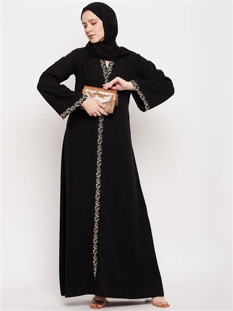 Nabia Women Black Abaya Burqa With Black Georgette Scarf
