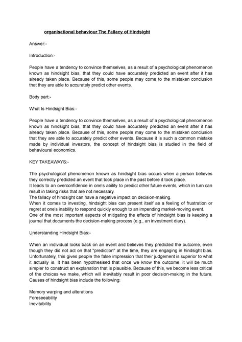 The Fallacy of Hindsight in ob - organisational behaviour The Fallacy ...