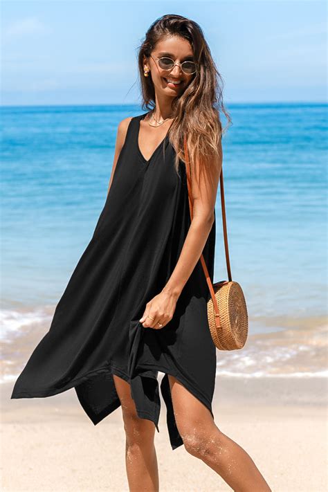 Black Jersey Handkerchief Hem Cover-Up Dress