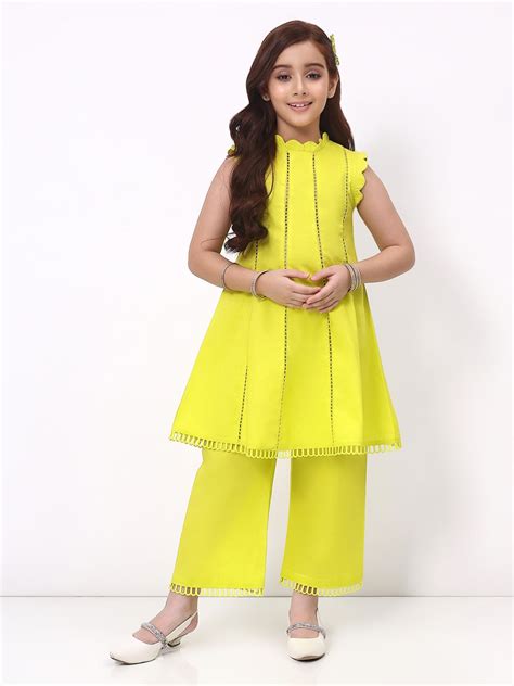 Girls Lime Green Ethnic Sleeveless Kurta with Palazzo Co-Ord Set – Spunkies