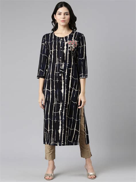 Neeru's Navy Blue Regular Straight Printed Kurtas – Neerus India