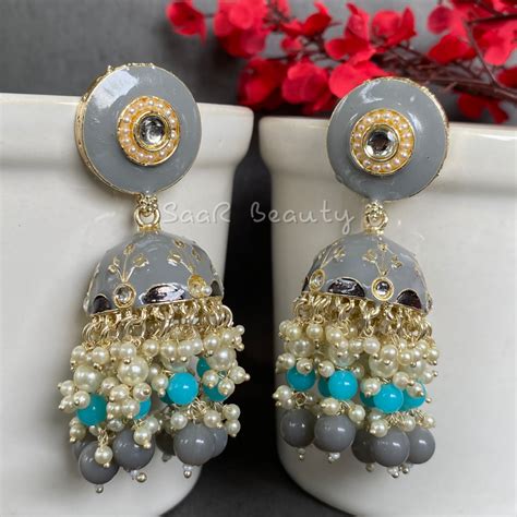 MEENAKARI RADHIKA JHUMKA EARRINGS - GREY – SAAR BEAUTY