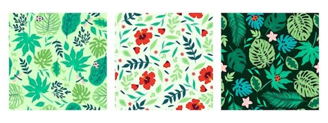 Set of seamless patterns with tropical leaves and flowers. | Premium Vector