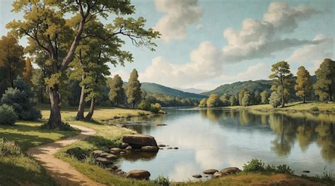 Serene riverside landscape painting | Premium AI-generated image