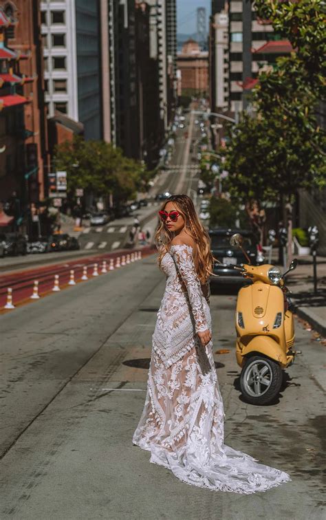 Long Sleeve Boho Lace Column Wedding Dress with Sweetheart Neckline
