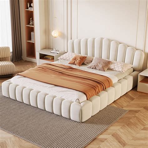 GDFStudio Velvet Upholstered Queen Platform Floor Bed Frame with Shell ...