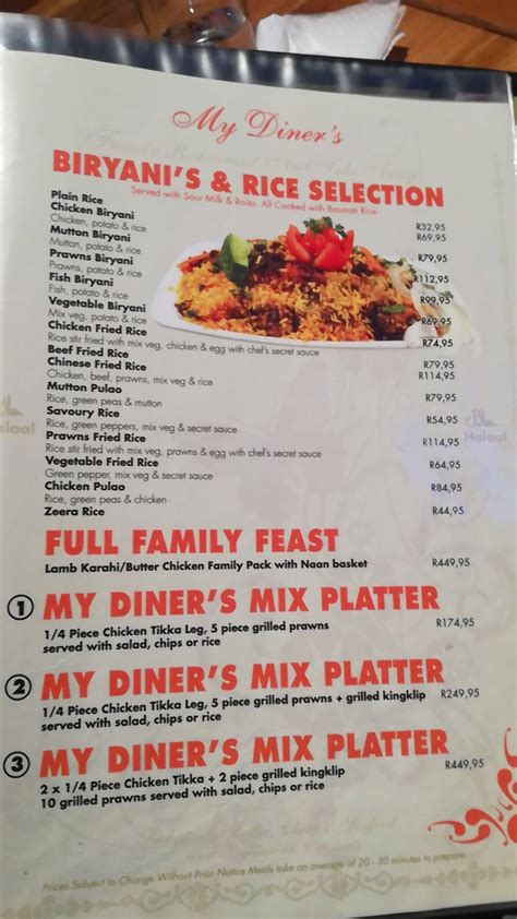 Menu at My Diners Beachfront restaurant, Durban, 139 Lower Drive Marine