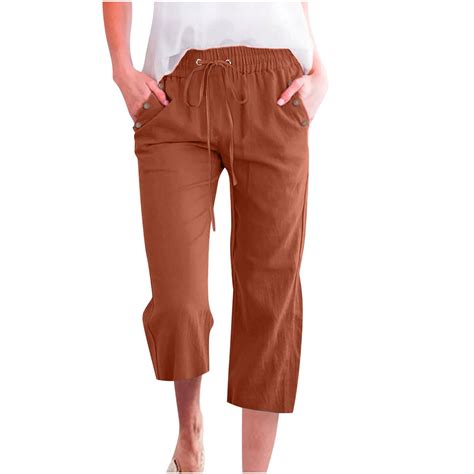 Brown Capri Pants for Women Fashion Solid Color Cotton Flax Elastic ...
