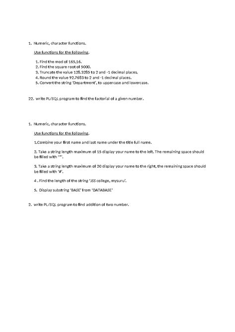 Dbms - Numeric and Character Functions Programming Exercises - Studocu