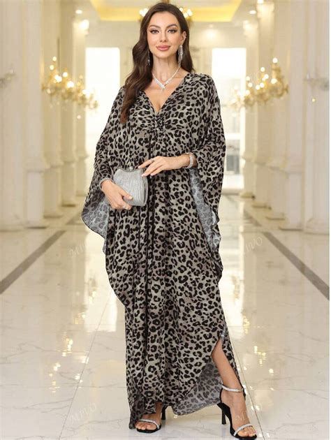 Women's Leopard Print Batwing Sleeve Kaftan Loose Boho V Neck House ...