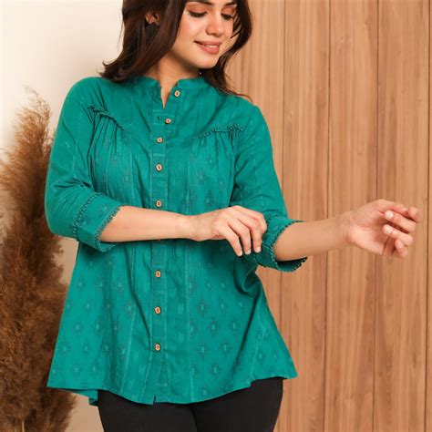 Teal Blue Pure Cotton Jacquard Ready To Wear Shirt – Paulsons