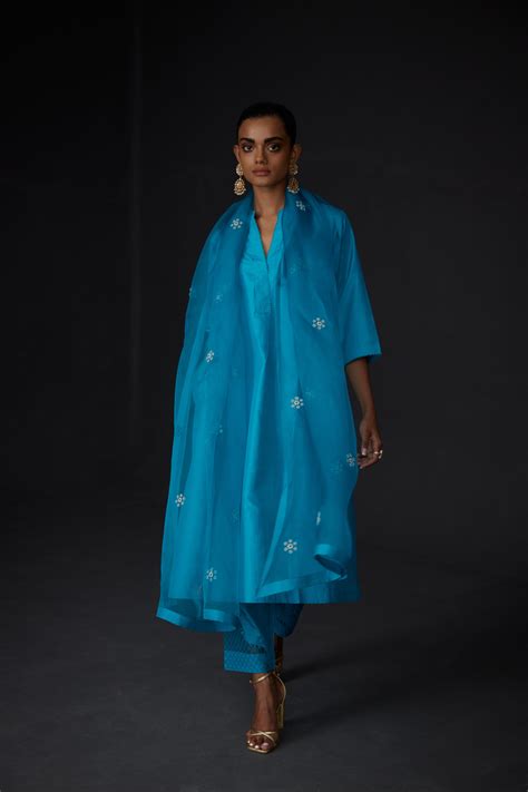 EMBROIDERED TUNIC TROUSER SET- TURQUOISE BLUE – BRIH