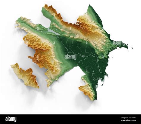 Azerbaijan. Highly detailed 3D rendering of shaded relief map with rivers and lakes. Colored by ...