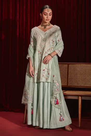 Buy Blue Silk, Organza Lace, Tassels, Embroidery Kavyanjali Kurta ...