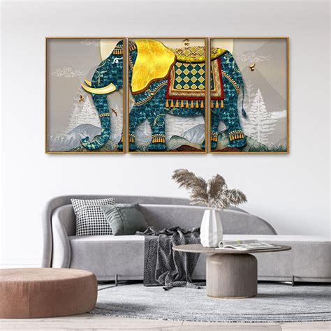 Classic and Royal Elephant with Golden Tusks Floating Canvas Wall Pain ...