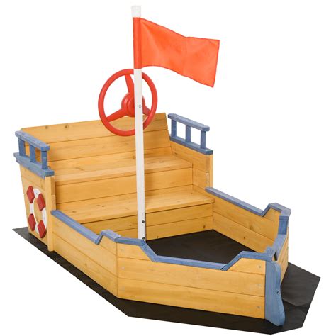 Outsunny Wooden Kids Pirate Sandbox, Outdoor Sandboat with Bench Seats, Storage, Non-Woven ...