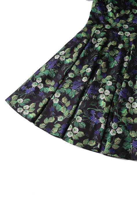 Darlene Off-Shoulder Dress in Black/Purple Berry Leaf Print