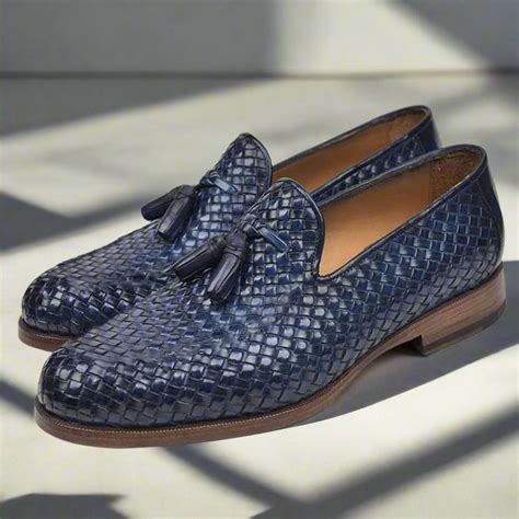 Navy Blue Woven Braided Leather Tassel Loafers for Men | The Royale Peacock