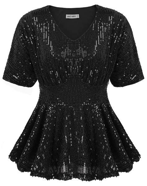Buy GRACE KARIN Women's Puff Sleeve Ruffle Hem Sparkle Shimmer V-Neck ...