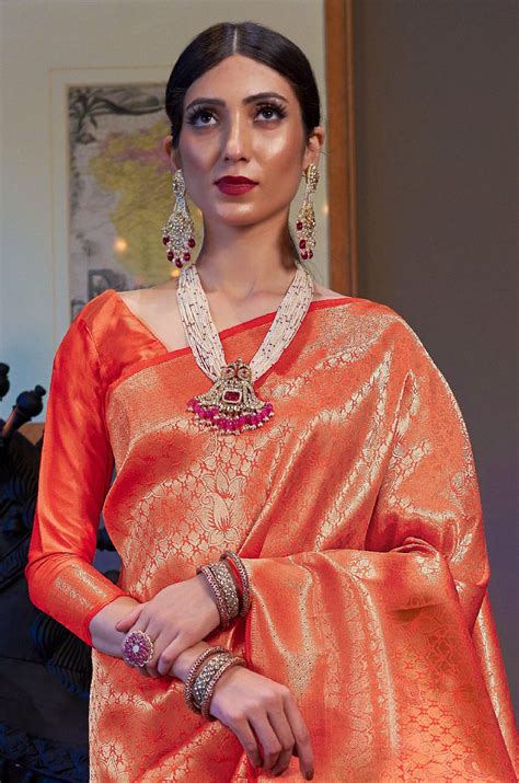 Orange Kanjivaram Silk Saree – Label Aarna