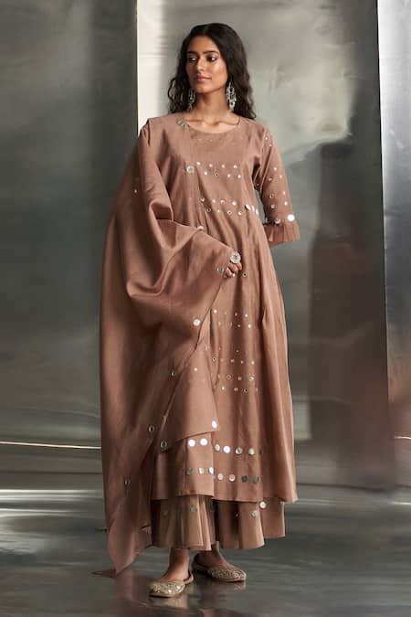 Buy Brown Chanderi, Cotton Satin Mirrors Round Neck Embroidered Kurta ...