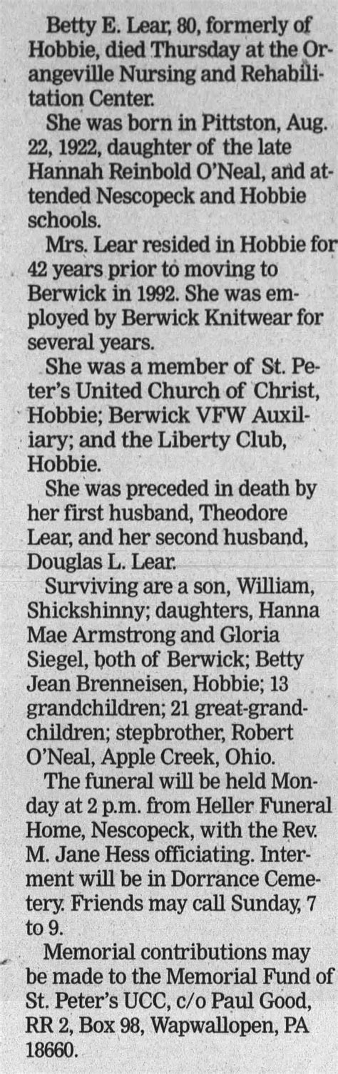 Betty E Lear Obit Citizens' Voice (Wilkes-Barre, Pennsylvania) 4 Apr ...