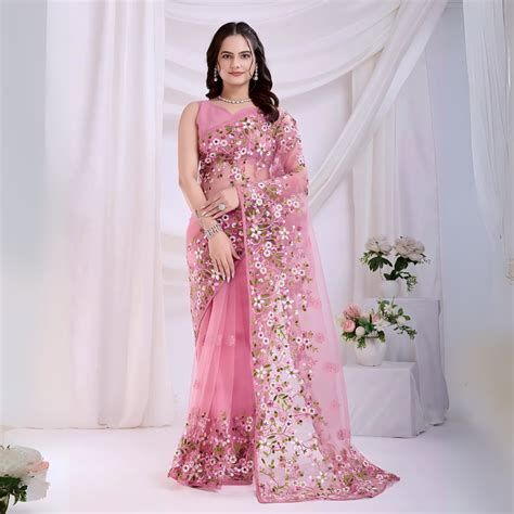Pink Floral Embroidery Work Soft Net Saree – Kalyanja