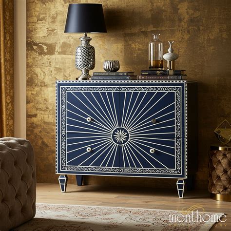 Navy and Ivory Sunburst Inlay Sideboard Cabinet | Luxury Handmade Dres ...