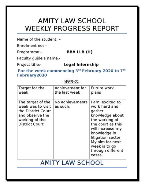 WPR AMITY Format - AMITY LAW SCHOOL WEEKLY PROGRESS REPORT Name of the ...