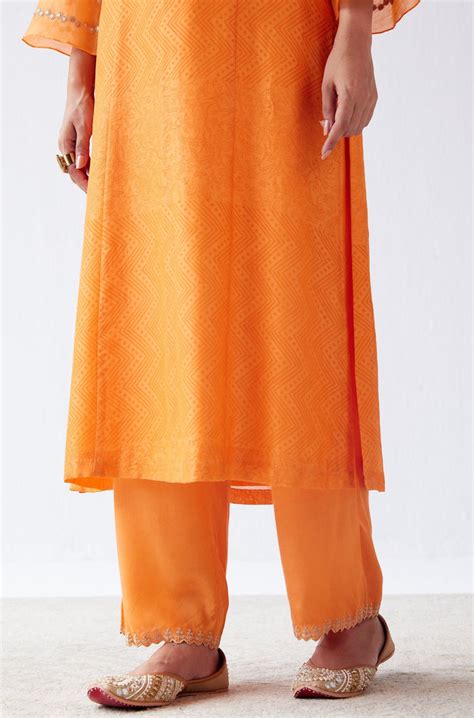 Devnaagri - Orange Block Print Embroidered Kurta Set