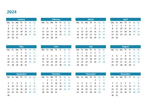 2024年日历表 中文版 横向排版 周一开始 带周数 带农历 - 模板[DF004] - 日历精灵