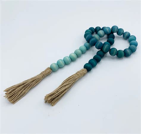 Teal Ombre Wood Bead Garland With Jute Tassels Hand-dyed | Etsy