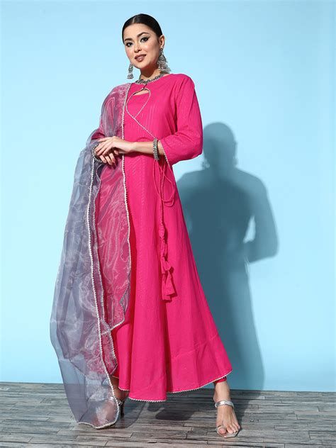 Pink Cut Out Neck Lurex Kurta Set - Grey Organza Gota Dupatta - InWeave