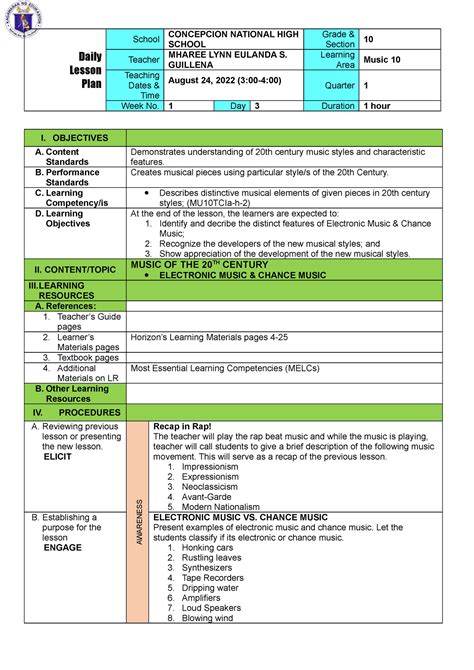 LP-Q1 Music 10-WK1-D3-Electronic Music-Chance Music - Daily Lesson Plan ...