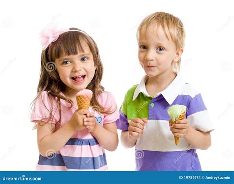 Happy Children with Ice Cream in Studio Stock Photo - Image of ...
