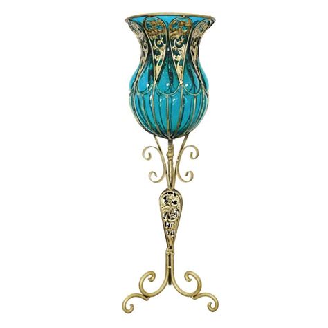 85cm Blue Glass Floor Vase with Tall Metal Flower Stand